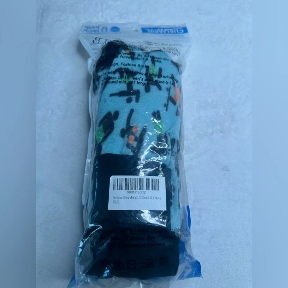EnerWear Mens 3D Printed  Socks 6 Pairs  Mens Shoe Size  6-12 colorful